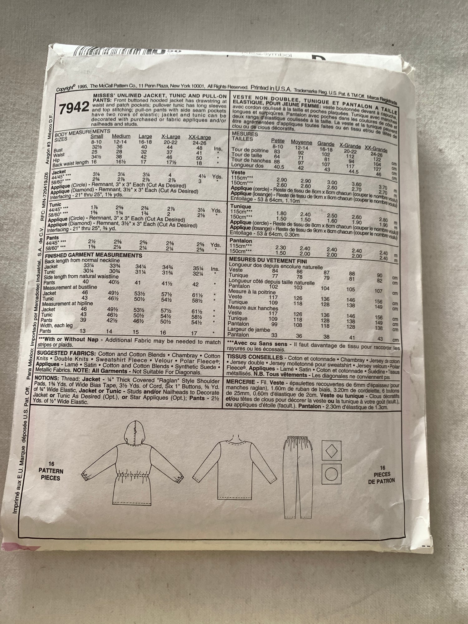 McCall's Sewing Pattern 7942 Misses' Unlined Jacket, Hood, Tunic, Pull-On Pants, Elastic Waist, Button Front, Size 16-18, Uncut, Vintage 1995