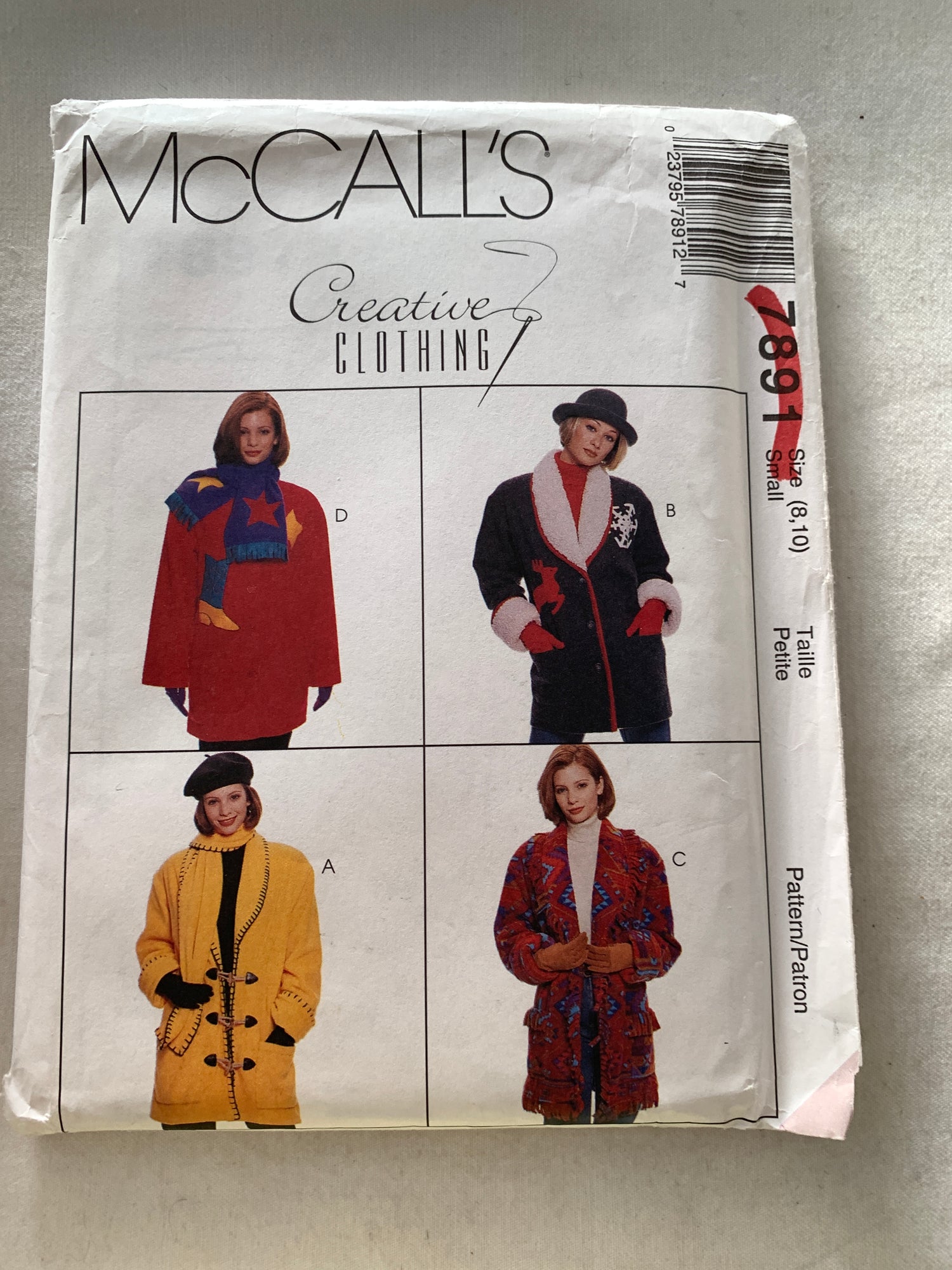 McCall's Sewing Pattern 7891 Misses' Jacket, Scarf, Pockets, Shawl Collar, Size 8-10, Uncut, Vintage 1995