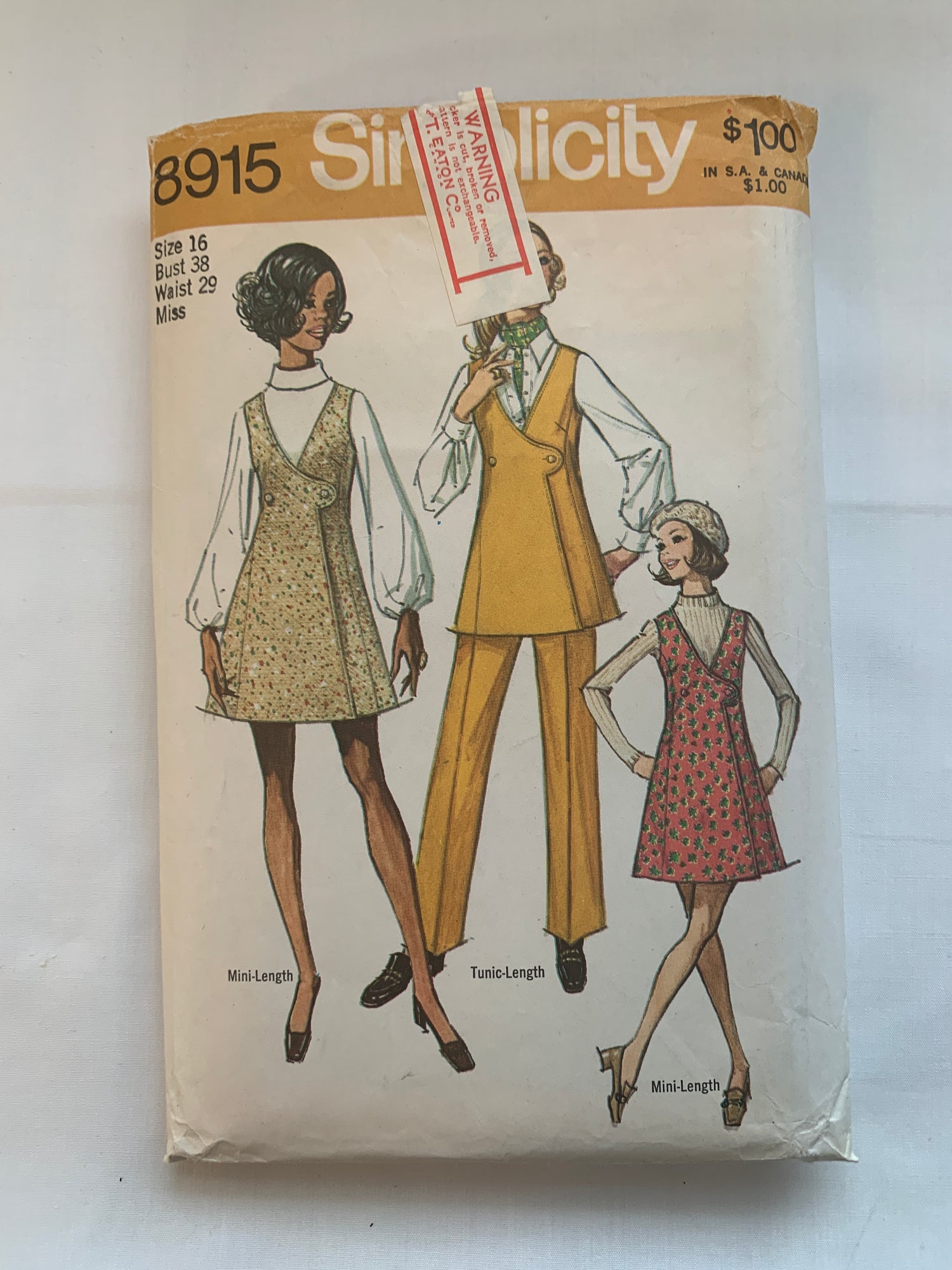 Simplicity Sewing Pattern 8915 Misses' Mini Jumper, Tunic, Pants, Sleeveless, Princess Seams, Button Front, Size 16, Cut, 1970