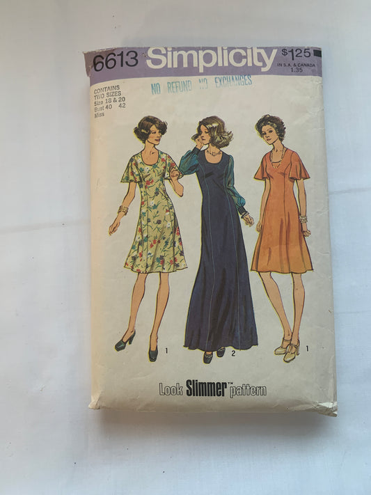 Simplicity Sewing Pattern 6613 Misses' Dresses, Two Lengths, Long/Short Sleeves, Zipper Back, Princess Seams, Size 19-20 , Cut, Vintage 1974