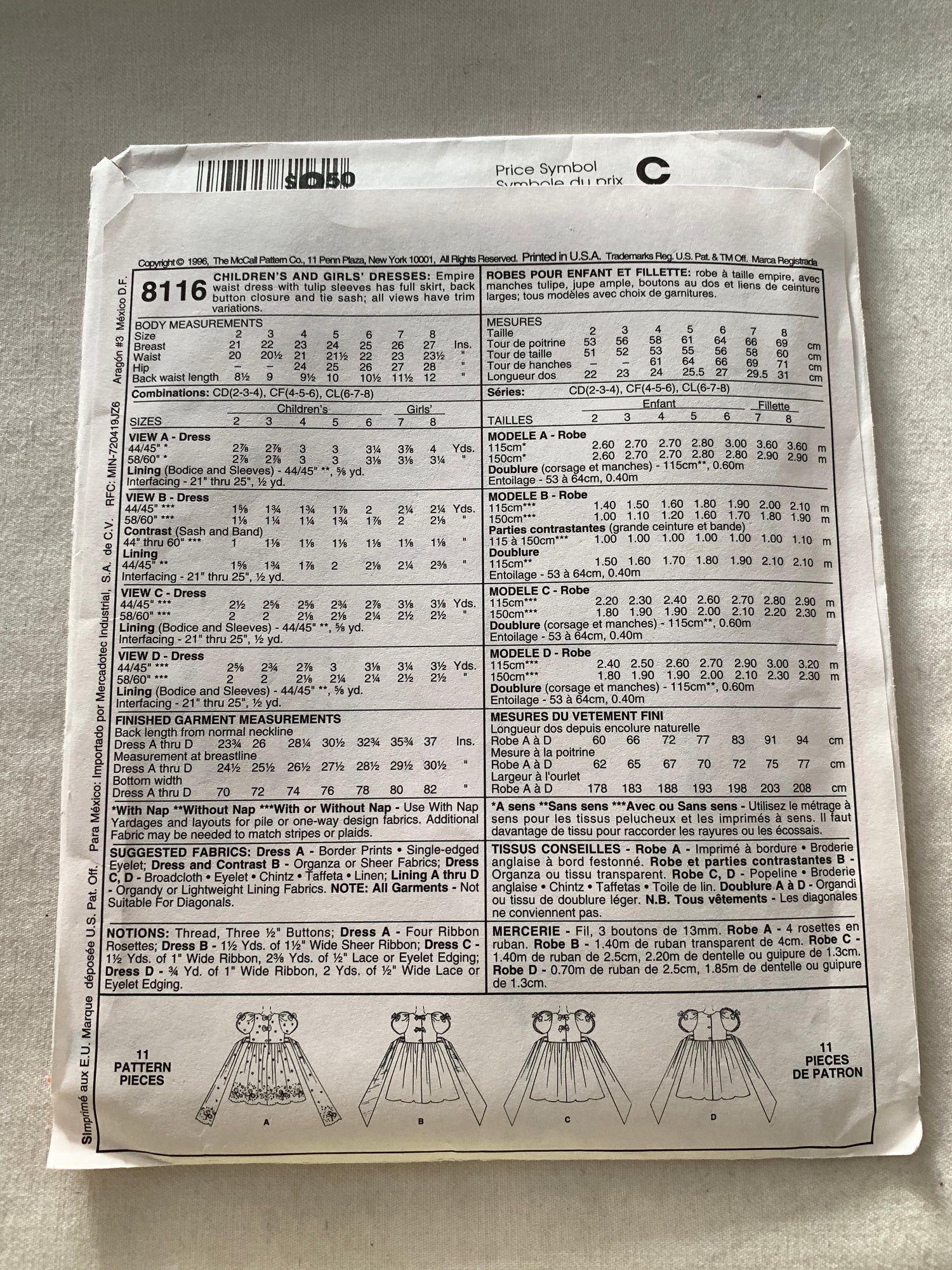 McCall's Kitty Benton Sewing Pattern 8116 Girls/Children's Dress, Empire Waist, Tulip Sleeves, Full Skirt, Button Back, Size 4-6, Uncut, Vintage 1996
