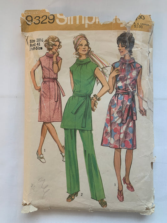 Simplicity Sewing Pattern 9329 Misses' Dress, Tunic, Pants, Zipper Back, Sleeveless, Size 18 1/2, Cut, Vintage 1970