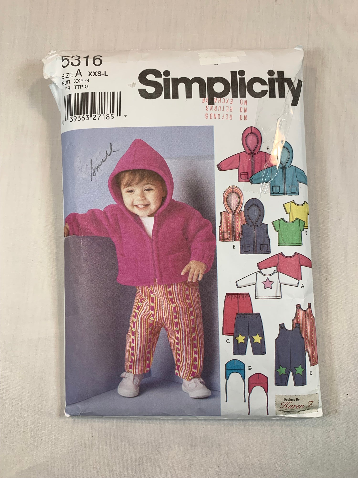 Simplicity 5316 Babies, Overalls, Jacket, Vest, Knit Top, Hats, Size 7-24 Lbs. Cut, 2003