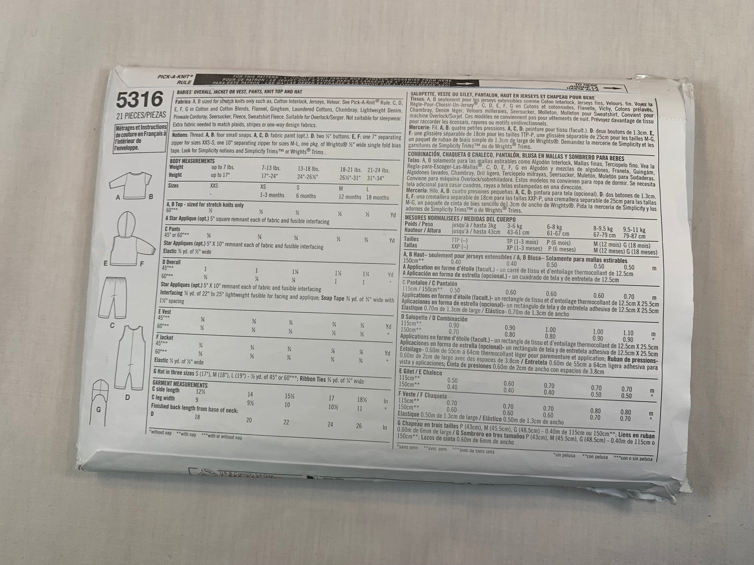 Simplicity Sewing Pattern 5316 Babies, Overalls, Jacket, Hood, Zipper Front, Pockets, Elastic Waist, Vest, Knit Top, Hats, Size 7-24 Lbs. Uncut, 2003