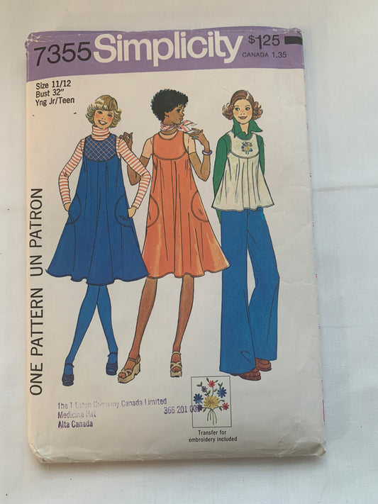 Simplicity Sewing Pattern 7355 Misses'/Juniors' Dress, Jumper, Top, Sleeveless, Button Back, Pockets, Size 11-12, Cut, Vintage 1976