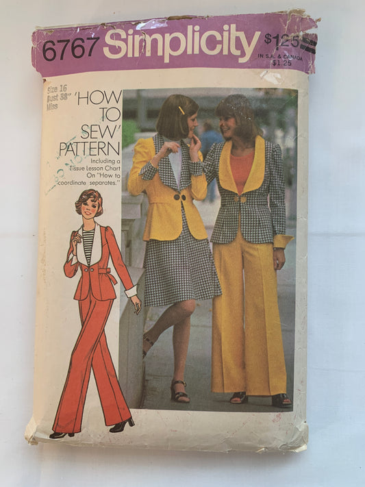 Simplicity Sewing Pattern 6767 Misses' Short Skirt, Pants, Long Sleeves, Zipper Back, Size 16, Cut, Vintage 1974