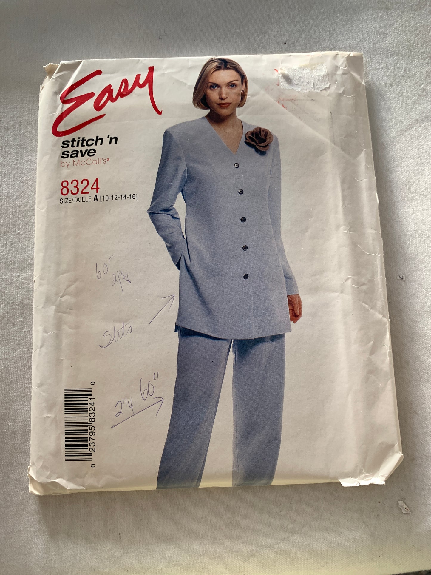 McCall's Sewing Pattern Stitch 'n Save 8324 Misses' Lined Jacket, Pull-On Pants, Pockets, Elastic Waist, Size 10-16, Uncut, Vintage 1996