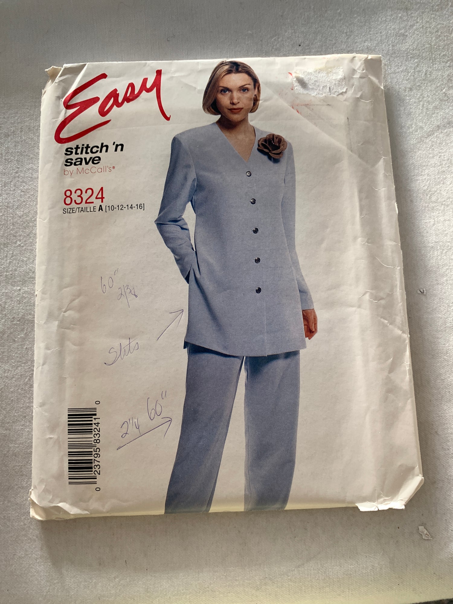 McCall's Sewing Pattern Stitch 'n Save 8324 Misses' Lined Jacket, Pull-On Pants, Pockets, Elastic Waist, Size 10-16, Uncut, Vintage 1996