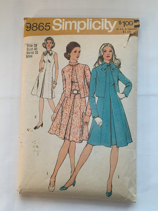 Simplicity Sewing Pattern 9865 Misses' Dress, Jacket, Sleeveless, Zipper, Princess Seams, Bow, Size 18, Cut, Vintage 1972