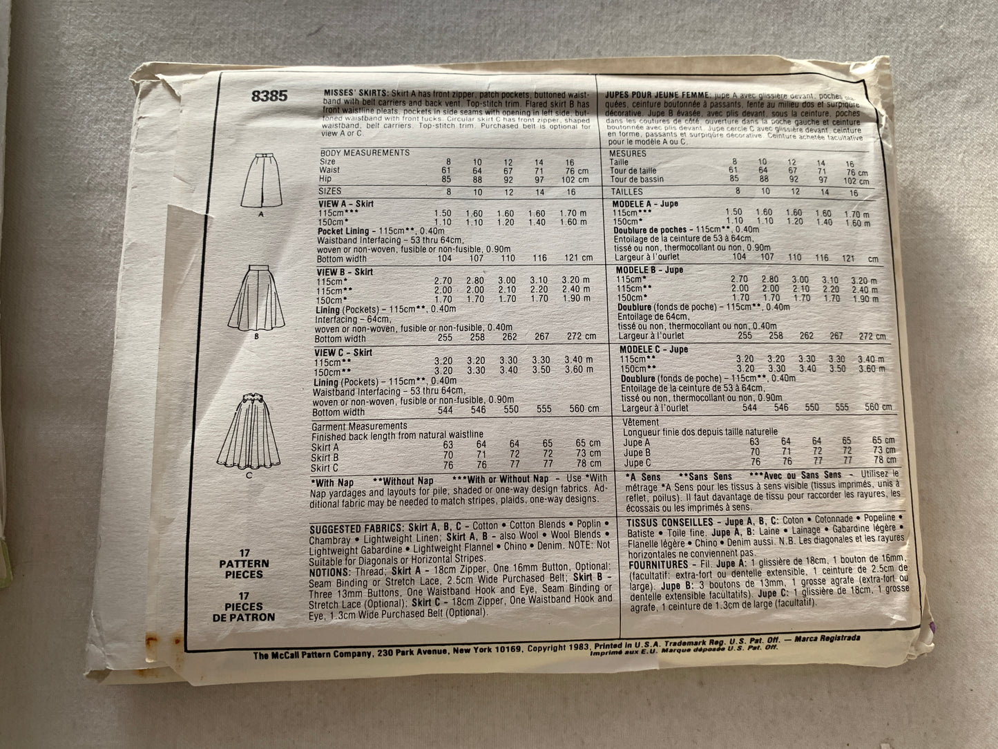 McCall's Sewing Pattern 8385 Misses' Skirts, Zipper Front, Flared, Pockets, Circular, Size 10, Uncut, Vintage 1983