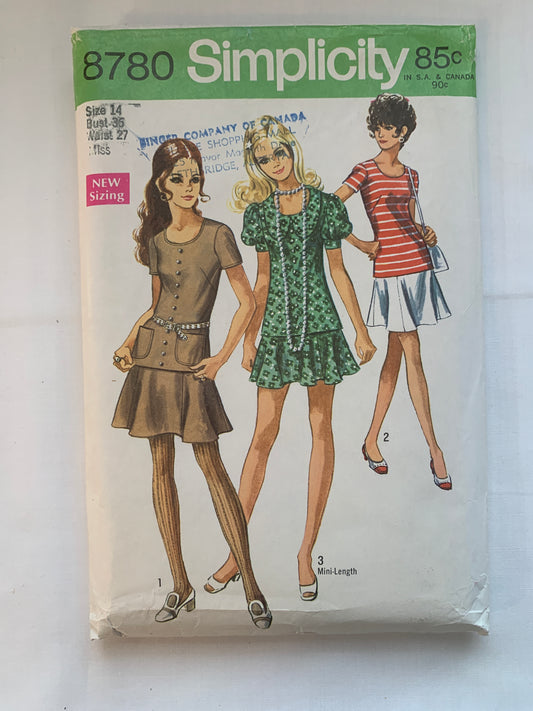 Simplicity Sewing Pattern 8780 Misses' Two-Piece Dress, Two Lengths, Short Sleeves, Zipper Back, Size 14, Cut, Vintage 1970