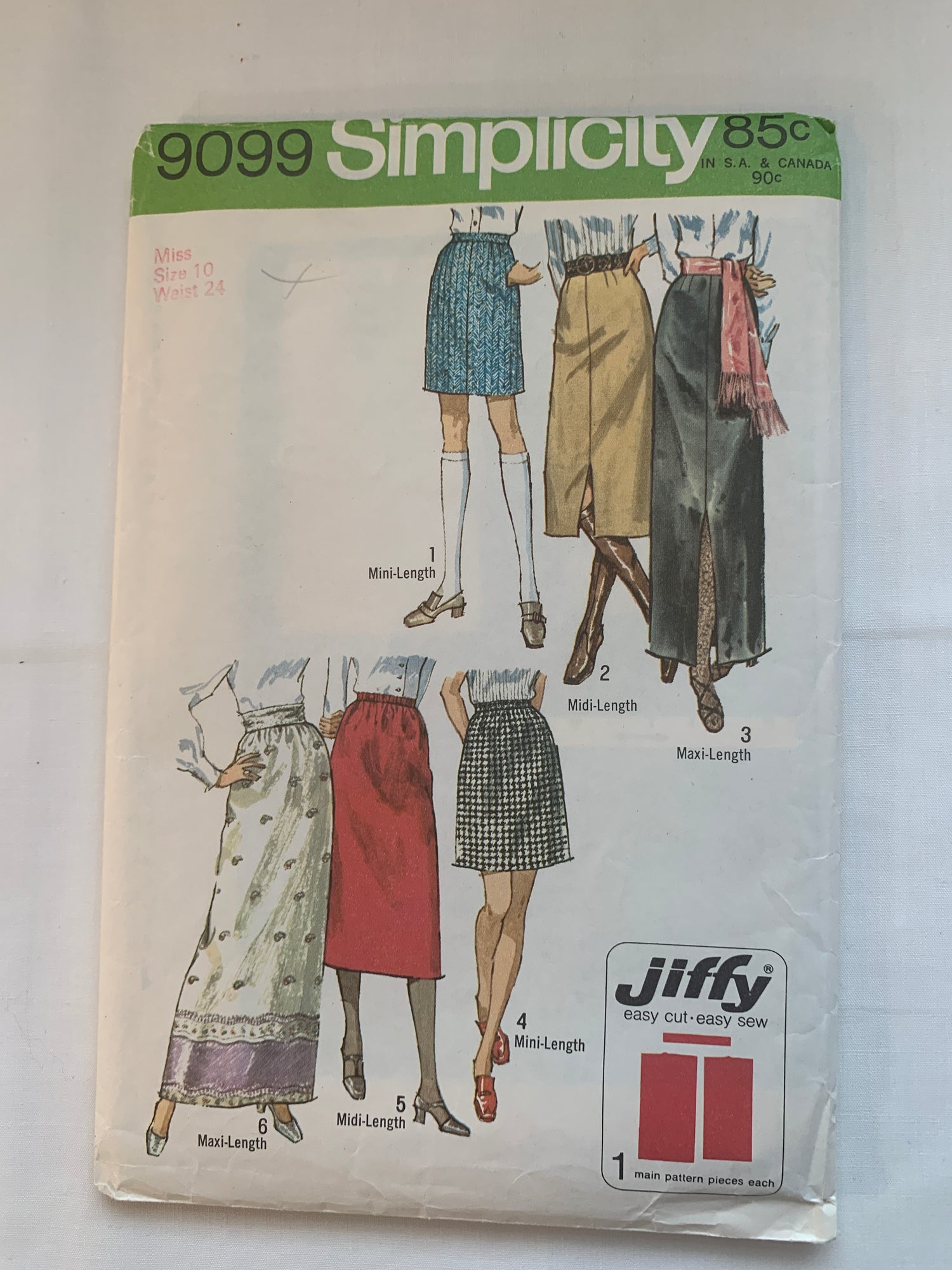 Simplicity Jiffy Sewing Pattern 9099 Misses' Skirt, Three Lengths, Zipper Back, Pockets, Waistband, Ladies, Size 10, Cut, Vintage 1971