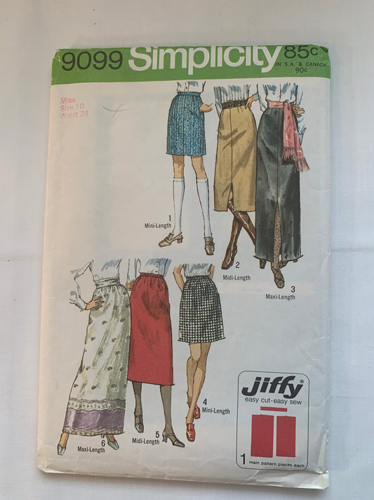 Simplicity Jiffy Sewing Pattern 9099 Misses' Skirt, Three Lengths, Zipper Back, Pockets, Waistband, Ladies, Size 10, Cut, Vintage 1971