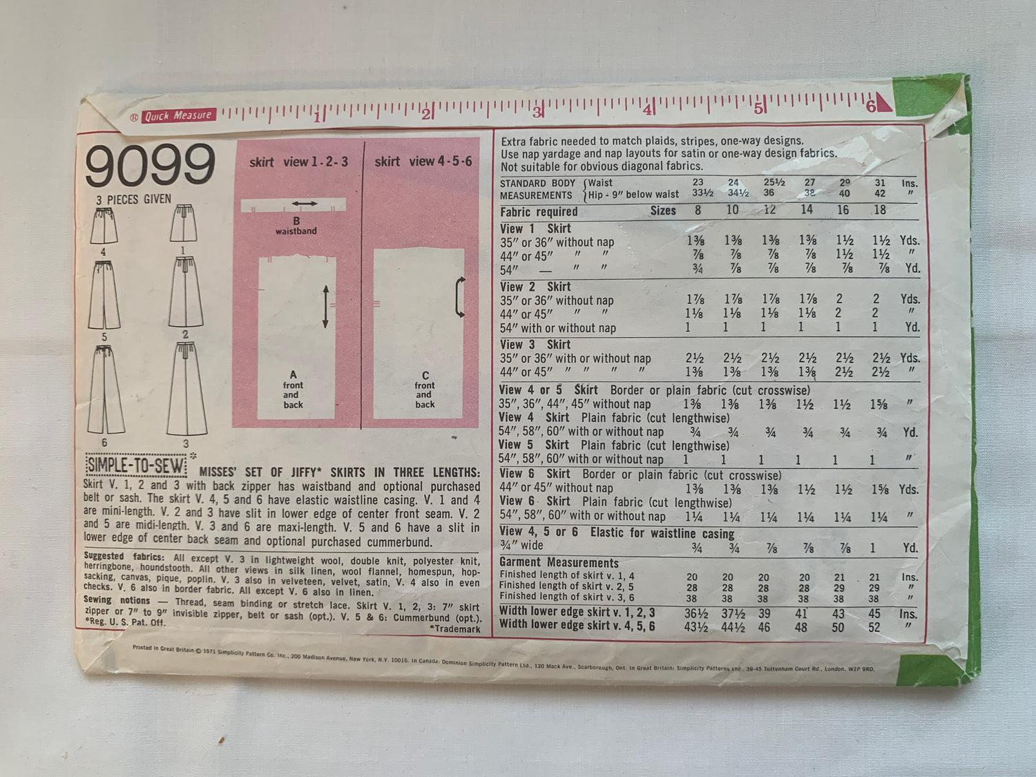 Simplicity Jiffy Sewing Pattern 9099 Misses' Skirt, Three Lengths, Zipper Back, Pockets, Waistband, Ladies, Size 10, Cut, Vintage 1971
