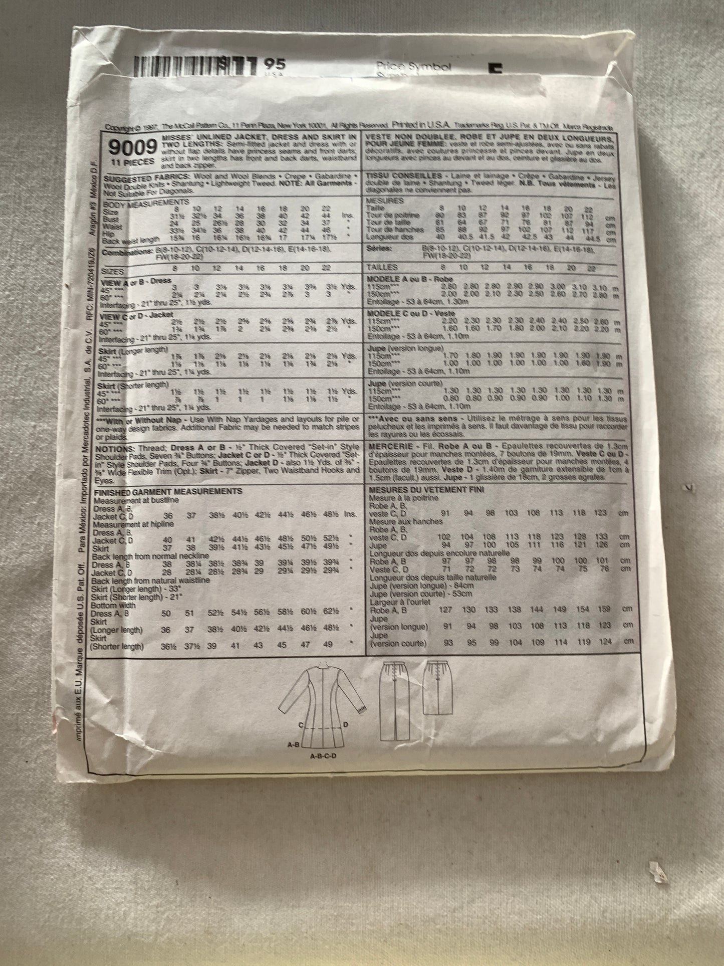 McCall's Sewing Pattern 9009 Misses' Unlined Jacket, Dress, Skirt, Two Lengths, Semi-Fitted, Princess Seams, Zipper Back, Size 10-14, Uncut, Vintage 1997
