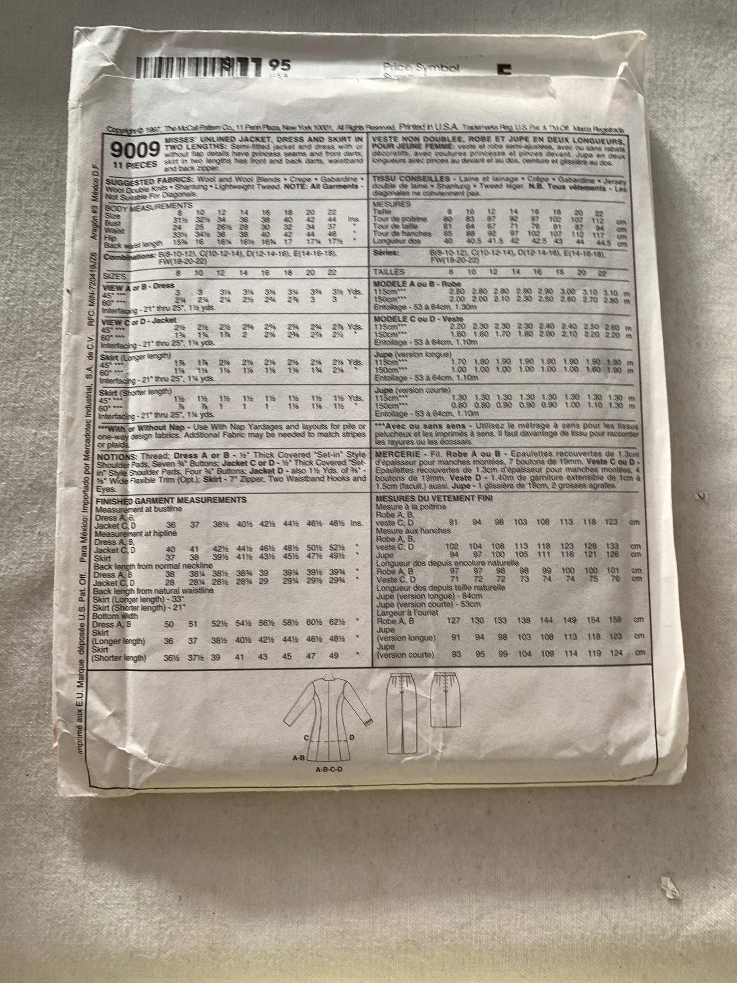 McCall's Sewing Pattern 9009 Misses' Unlined Jacket, Dress, Skirt, Two Lengths, Semi-Fitted, Princess Seams, Zipper Back, Size 10-14, Uncut, Vintage 1997