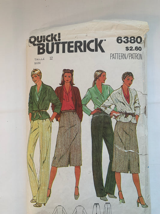 Butterick Sewing Pattern 6380 Misses' Jacket, Top, Skirt, Pants, Loose-Fitting, Long Sleeves, Shawl Collar, Size 12, Cut, Vintage 1978