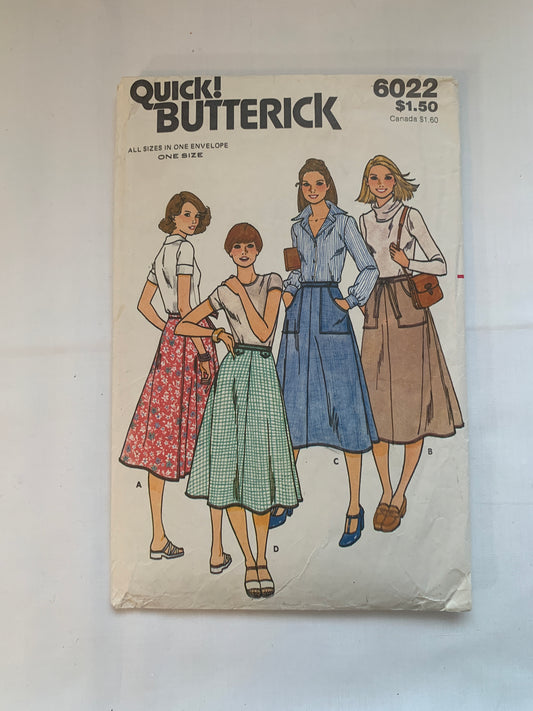 Butterick Sewing Pattern 6022 Misses' Skirt, Flared, 4 Variations, Size 24-32" Waist, Cut, Vintage 1980