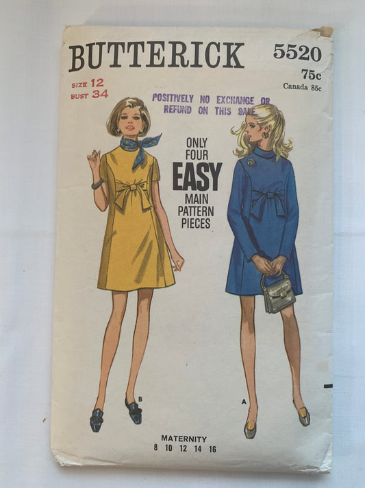 Butterick Sewing Pattern 55203 Maternity Dress, Loose-Fitting, Long/Short Sleeves, Zipper Back, Size 12, Cut, Vintage 1960