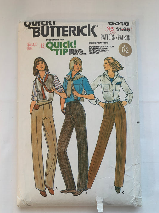 Butterick Sewing Pattern 6316 Misses' Pants, Zipper Back, 3 Variations, Straight, Size 12, Cut, Vintage 1970