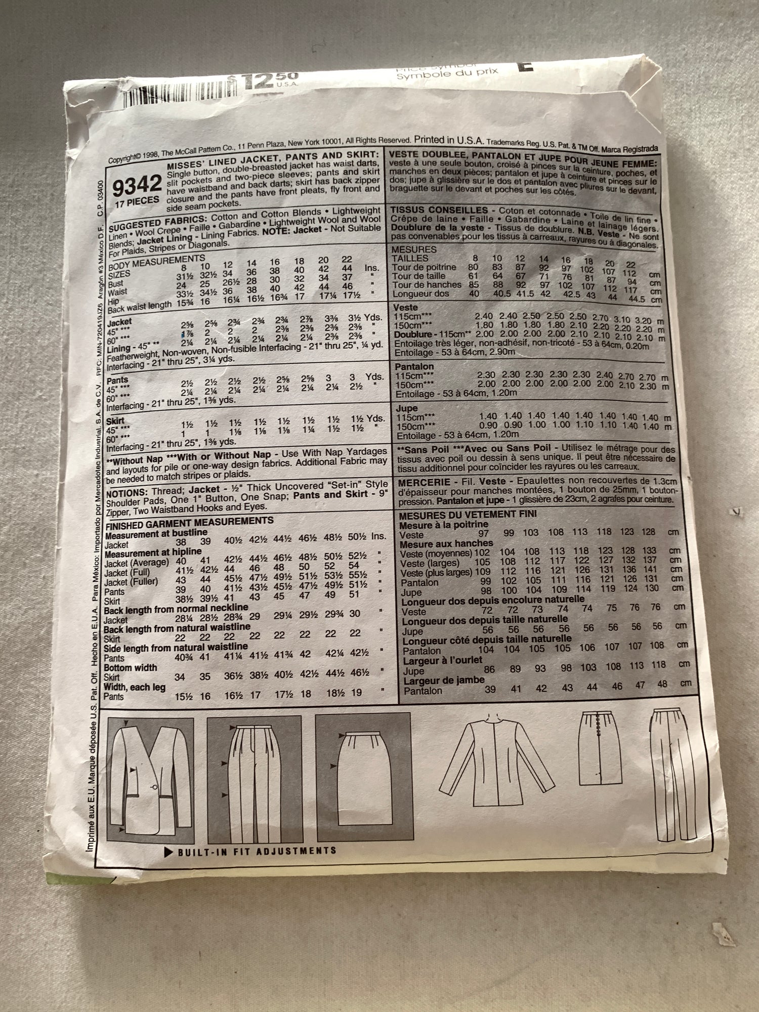 McCall's Sewing Pattern 9342 Misses' Lined Jacket, Skirt, Pants, Shoulder Pads, Zipper Back, Pockets, Size 14, Uncut, Vintage 1998