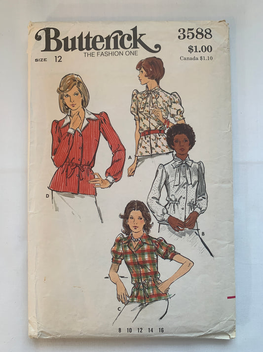 Butterick Sewing Pattern 3588 Misses' Blouse, Semi-Fitted, Collar, Long/Short Sleeves, Button Front, Size 12, Cut, Vintage 1973
