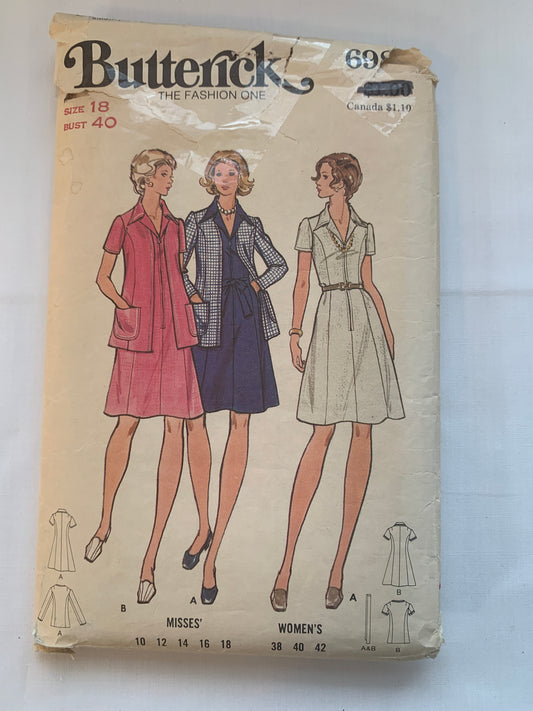 Butterick Sewing Pattern 6982 Misses' Jacket, Dress, Semi-fitted, Long/Short Sleeves, Zipper, A-Line, Size 18, Cut, Vintage 1970