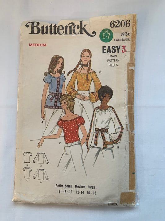 Butterick Sewing Pattern 6206 Misses' Blouse, Semi-Fitted, Long/Short Sleeves, Scoop Neckline, Size 12-14, Cut, Vintage 1971