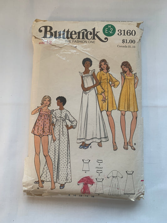 Butterick Sewing Pattern 3160 Misses' Nightgown, Long/Short Sleeves, Pullover, Robe Button Front, Two Lengths, Size 12, Cut, Vintage 1973