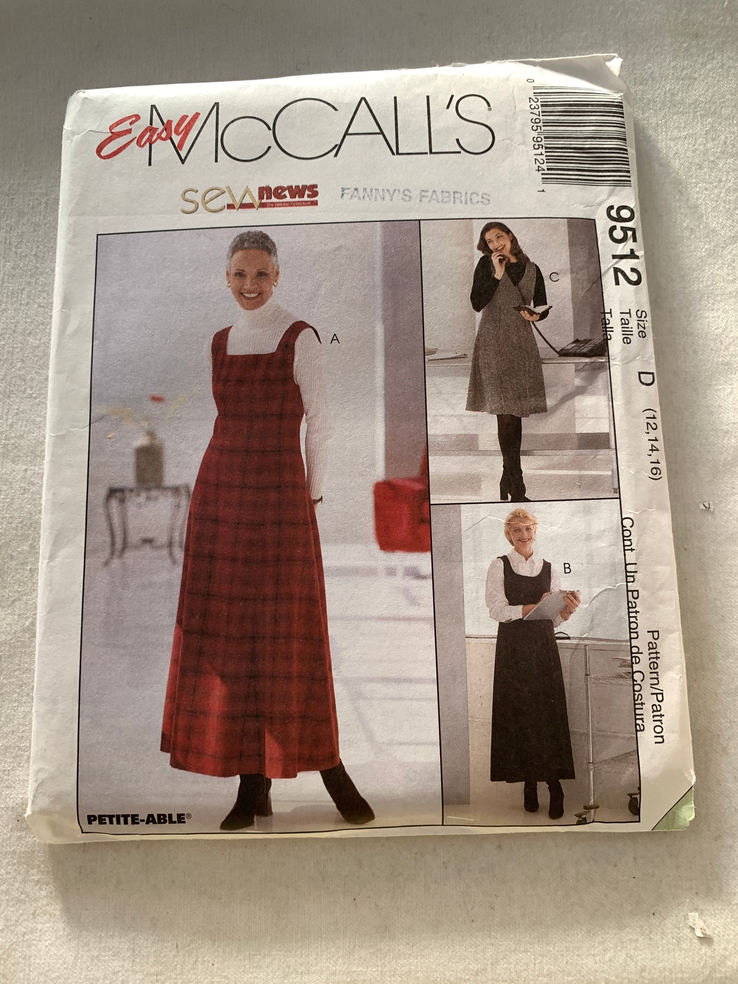 McCall's Sewing Pattern 9512 Misses' Jumper, Two Lengths, Sleeveless, Zipper Back, Various Necklines, Size 12-16, Uncut, Vintage 1998