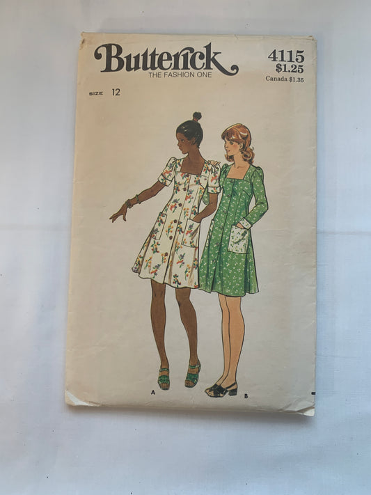 Butterick Sewing Pattern 4115 Misses' Dress, Button Front, Pockets, Semi-Fitted, Long/Short Sleeves, Size 12, Cut, Vintage 1976