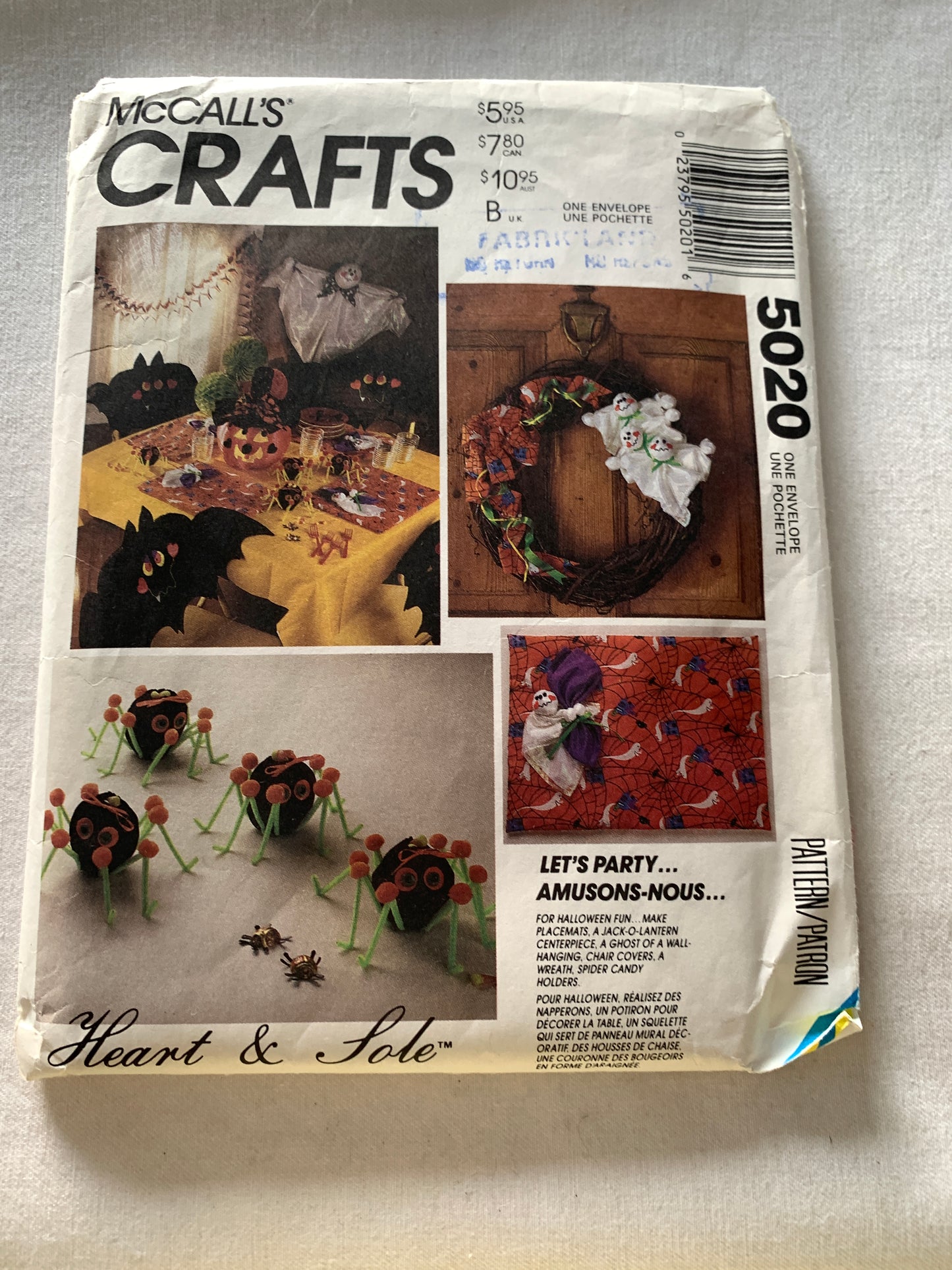 McCall's Sewing Pattern 5020 Crafts, Scarecrow, Wreath, Fall, Halloween, Placemat, Candy Holder, Spiders, Ghosts, Pumpkins, Uncut, Vintage 1990