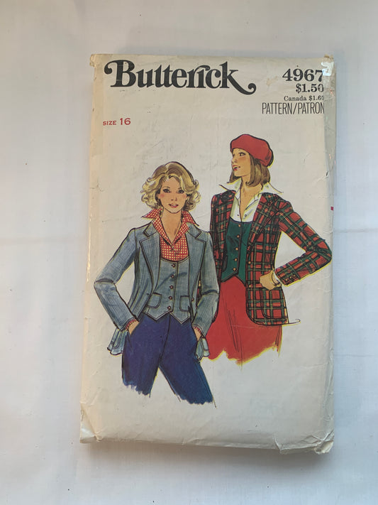Butterick Sewing Pattern 4967 Misses' Jacket, Vest, Collar, Long Sleeves, Fitted, Size 16, Cut, Vintage 1970