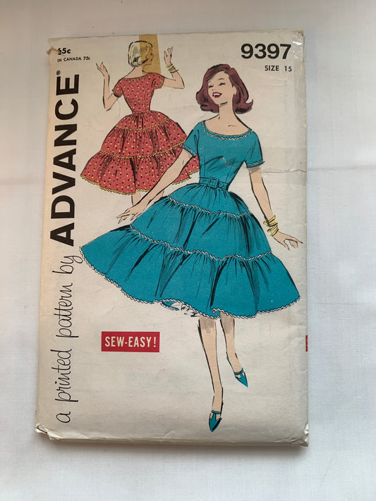 Advance Sewing Pattern 9397 Misses' Dresses, Short Sleeves, Square Dance, 3 Tiers, Side Zipper, Size 15, Uncut, Vintage 1960