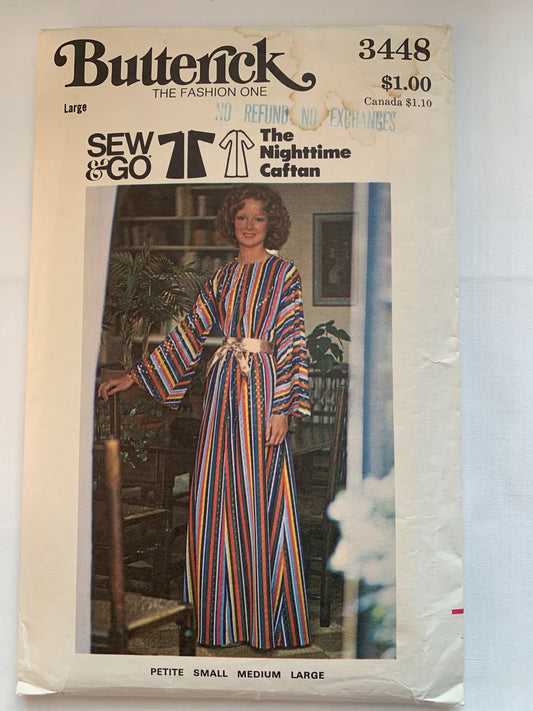 Butterick Sewing Pattern See & Sew 3448 Misses' Caftan, Loose-Fitting, Long Kimono Sleeves, Size 16-18, Uncut, Vintage 1980