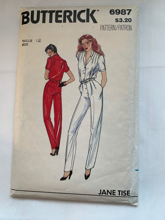 Butterick Sewing Pattern 6987 Misses' Jumpsuit, Loose-Fitting, Pockets, Straight Leg, Belt, Size 12, Uncut, Vintage 1980