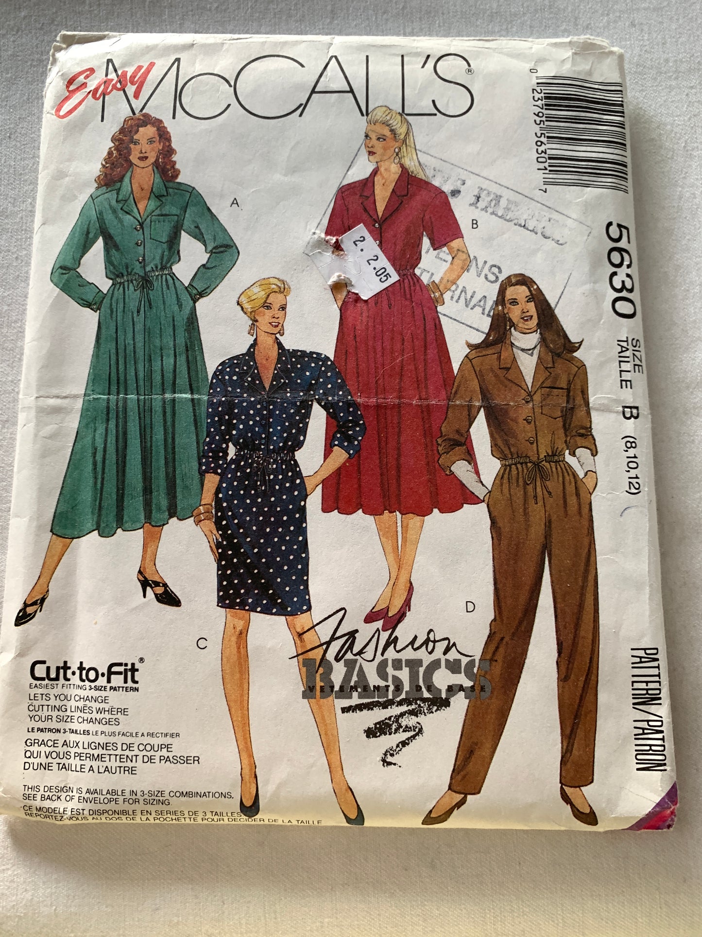 McCall's Sewing Pattern 5630 Misses' Dress, Jumpsuit, Two Lengths, Pants, Shirt-Waist, Pockets, Size 8-12, Uncut, Vintage 1991