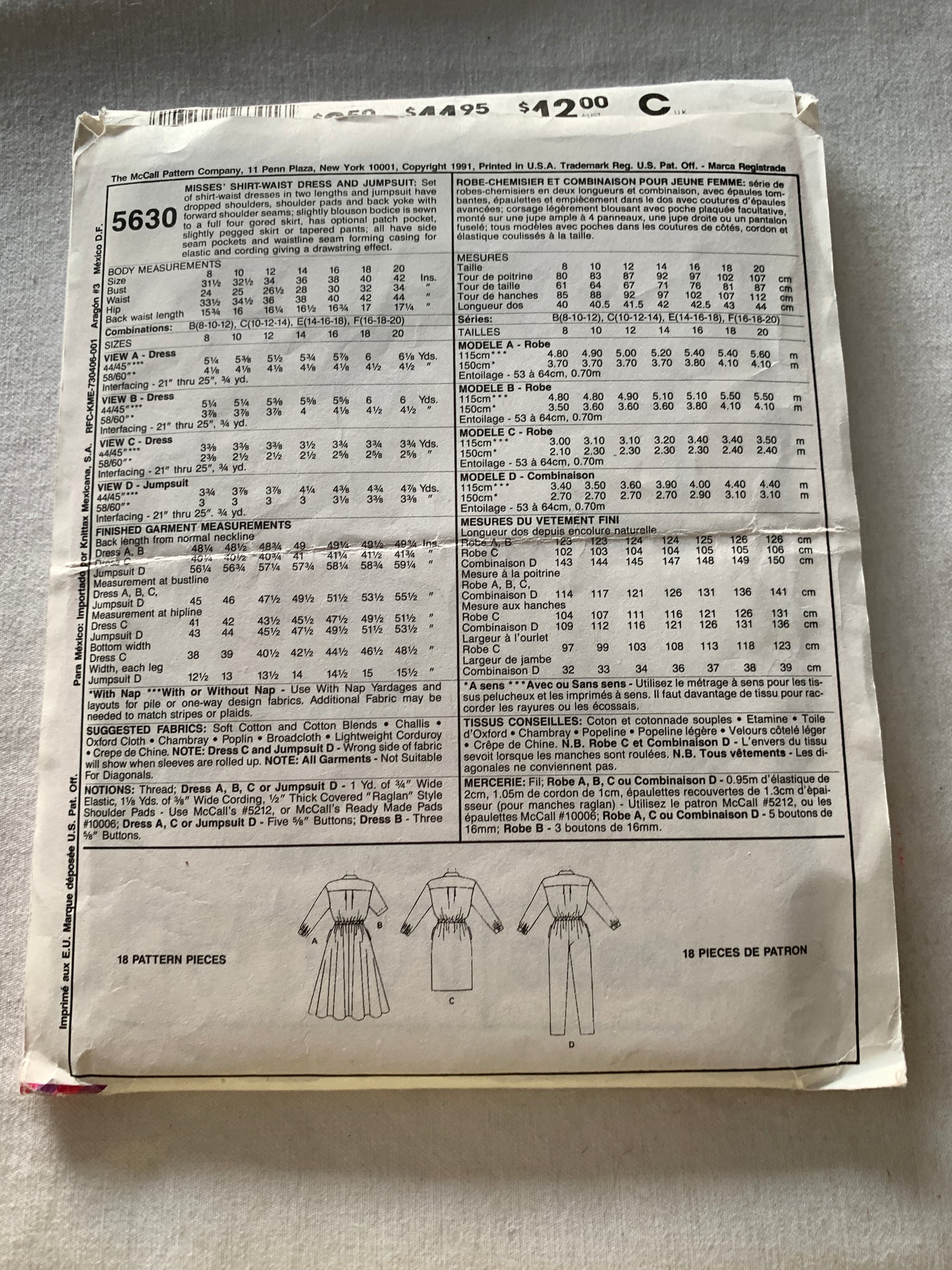 McCall's Sewing Pattern 5630 Misses' Dress, Jumpsuit, Two Lengths, Pants, Shirt-Waist, Pockets, Size 8-12, Uncut, Vintage 1991