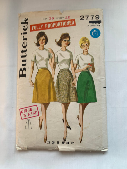 Butterick Sewing Pattern 2779 Misses' Skirt, Cone Shape, Side/Back Zipper, Waist 26, Uncut, Vintage 1960