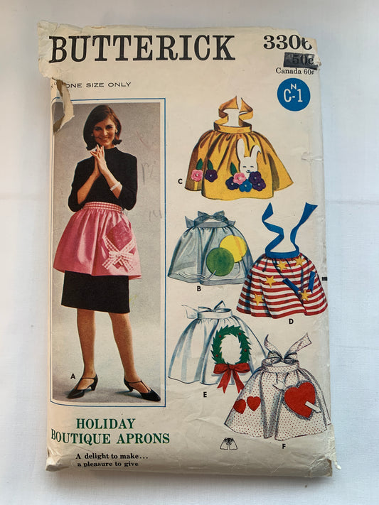 Butterick Sewing Pattern 4636  Misses' Aprons, Pockets, Tie Back, Seasonal, One Size, Uncut, Vintage 1965