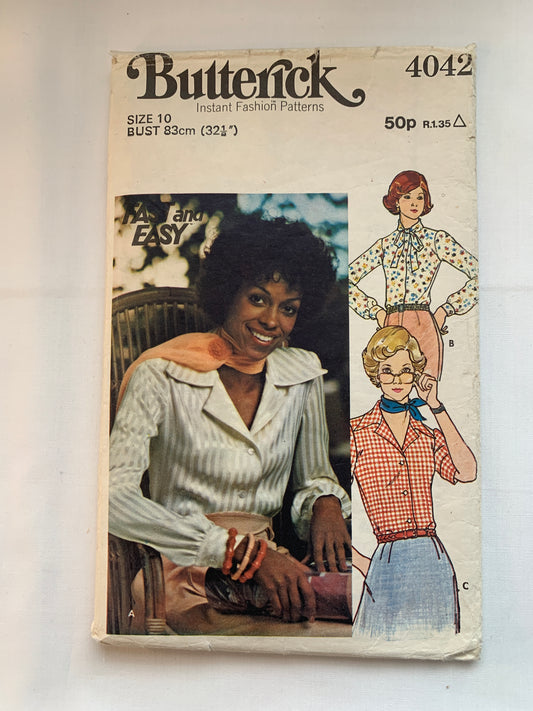 Butterick Sewing Pattern 4042 Misses' Blouse, 3 Variations, Long/Short Sleeves, Semi-Fitted, Button Front, Collar, Size 10, Uncut, Vintage 1973