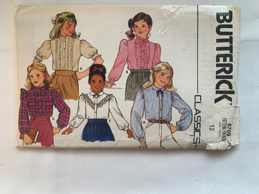 Butterick Sewing Pattern 6709 Girls' Blouse, Loose-Fitting, 4 Variations, Long/Short  Sleeves, Ruffles, Tie, Button Front, Size 12, Uncut, Vintage 1980