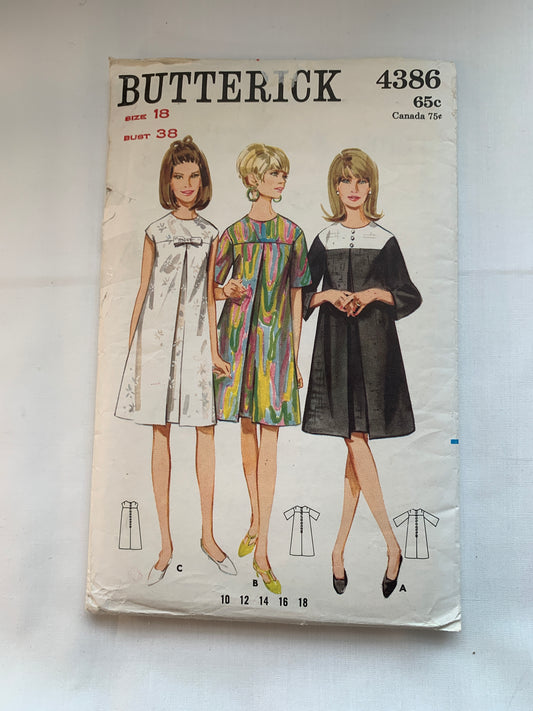 Butterick Sewing Pattern 4386 Misses' One-Piece Dress, Semi-Fitted, A-Line, Zipper Back, Short Sleeves, 3 Variations, Size 18, Uncut, Vintage 1970