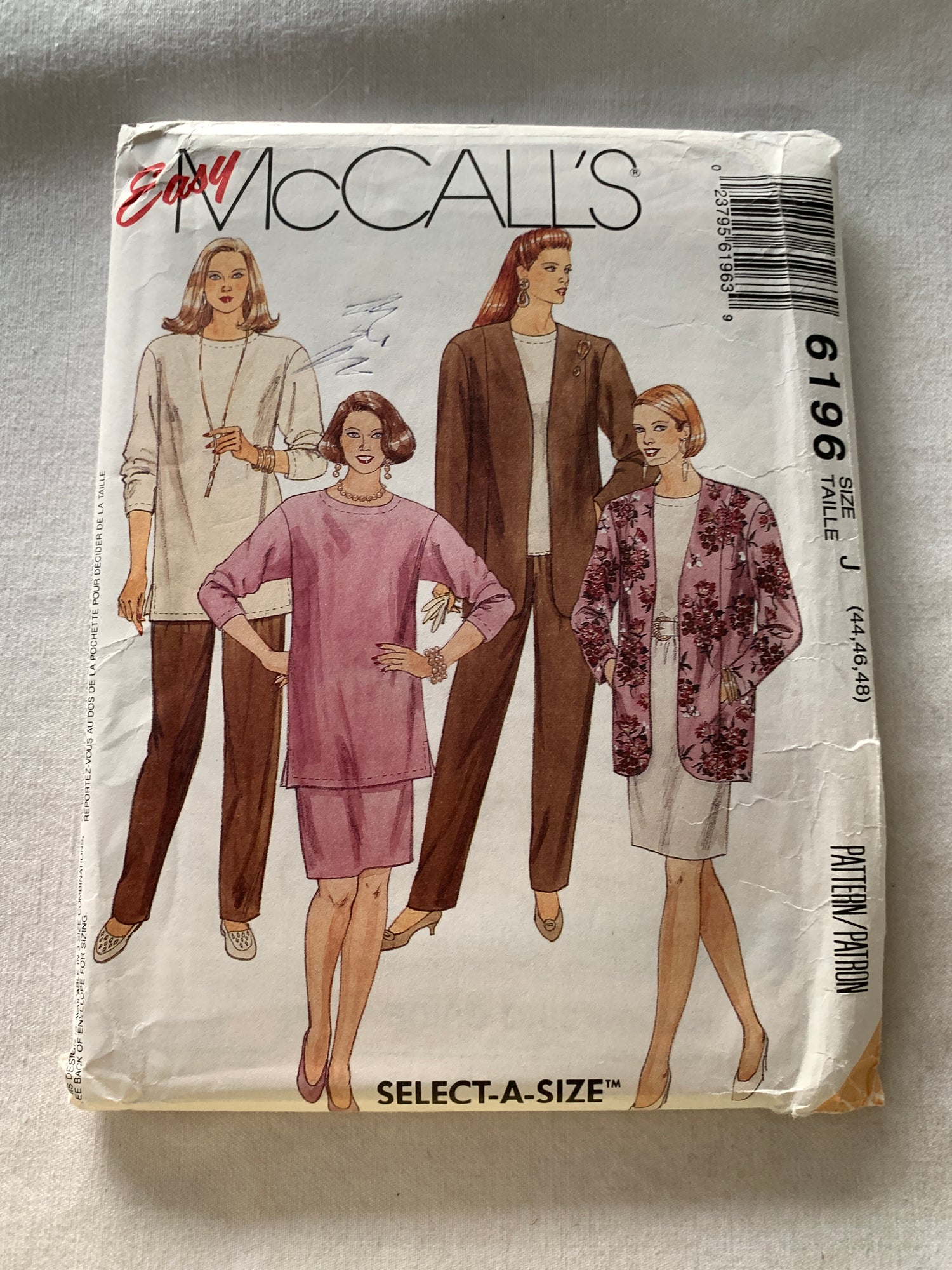 McCall's Sewing Pattern 6196 Misses' Unlined Jacket, Tunic, Top, Pull-On Pants, Skirt, Elastic Waist, Button Front,  Size 44-48, Uncut, Vintage 1992