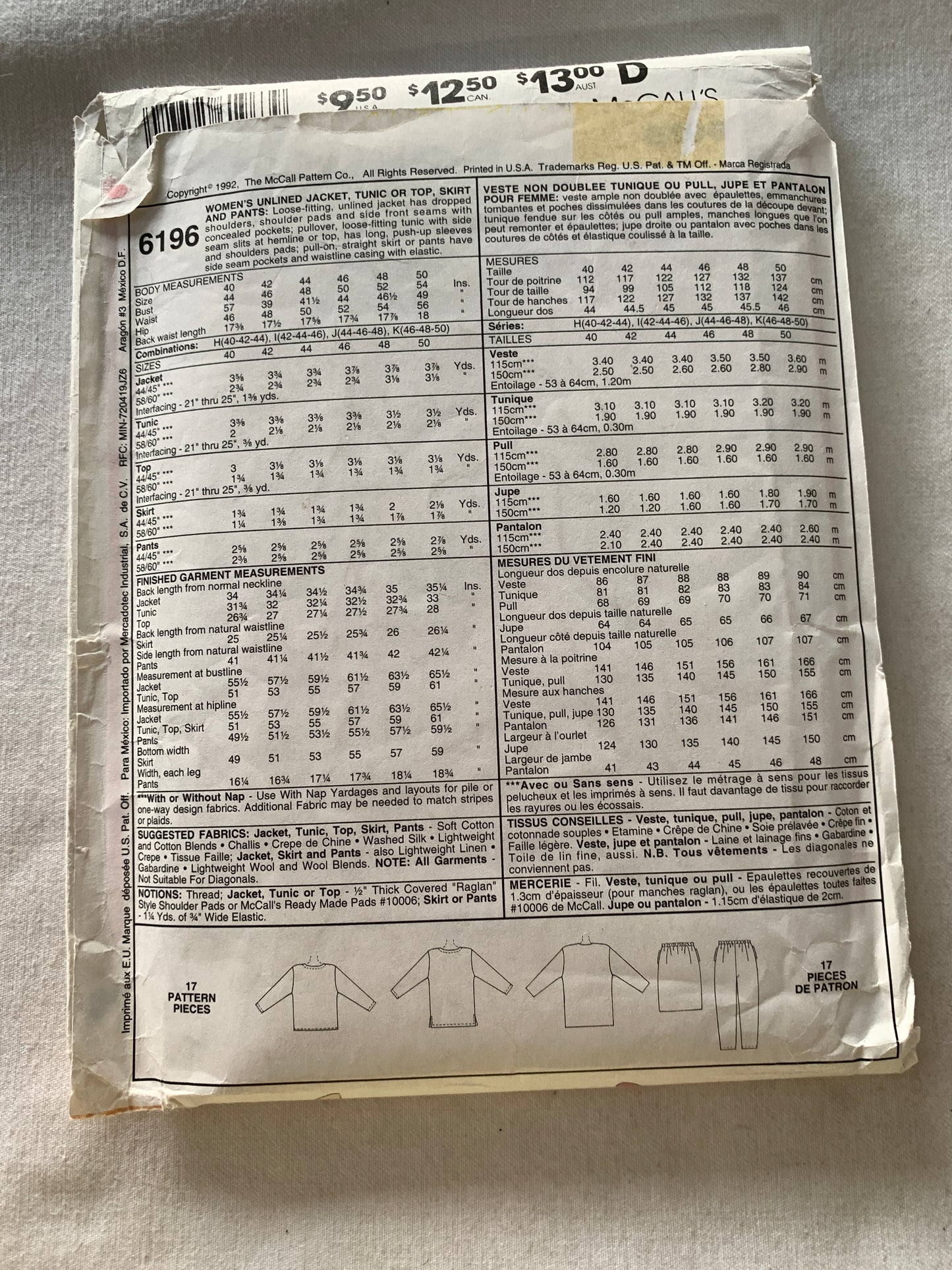 McCall's Sewing Pattern 6196 Misses' Unlined Jacket, Tunic, Top, Pull-On Pants, Skirt, Elastic Waist, Button Front,  Size 44-48, Uncut, Vintage 1992