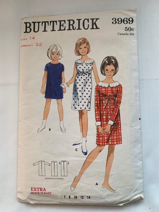Butterick Sewing Pattern 3969 Girls' Dress, Long/Short Sleeves, Sleeveless, Collar, Zipper Back, Cuffs, Size 14, Uncut, Vintage 1960