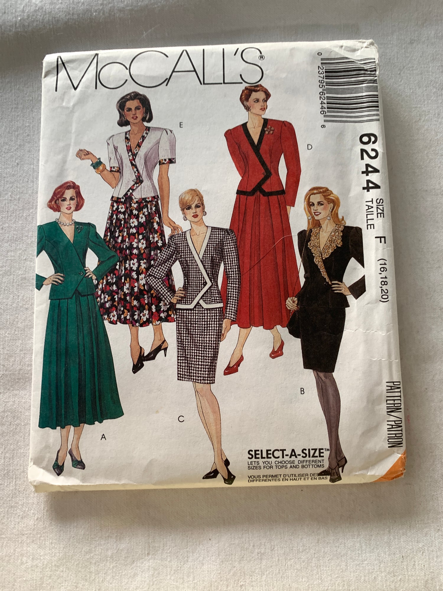 McCall's Sewing Pattern 6244 Misses' Two Pieces Dress, Unlined Jacket, Skirt, Two Lengths, Semi-Fitted, Princess Seams, Zipper Back, Size 16-20, Uncut, Vintage 1992