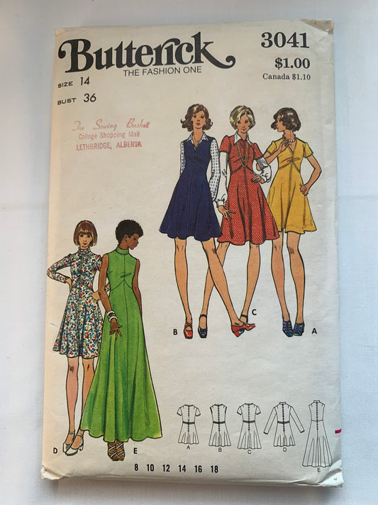 Butterick Sewing Pattern 3041 Misses' Jumper, Dress, Four Lengths, Fitted, Flared, Collar, Size 14, Uncut, Vintage 1970