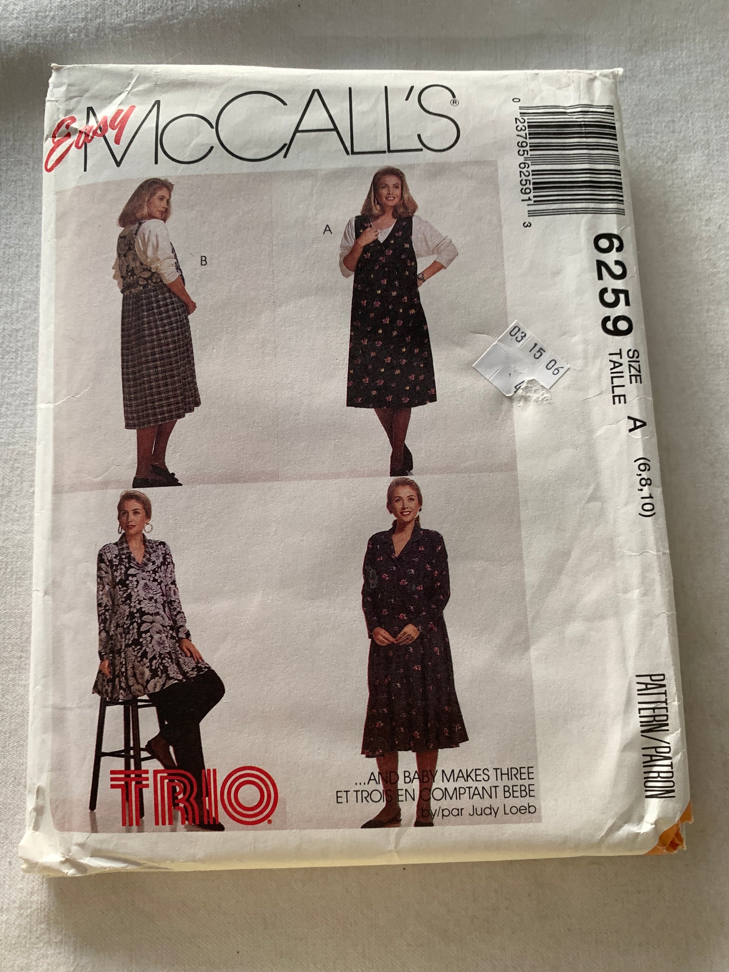 McCall's Sewing Pattern 6259 Misses' Maternity Dress, Tunic, Jumper, Pull-On Pants, Size 6-10, Uncut, Vintage 1992