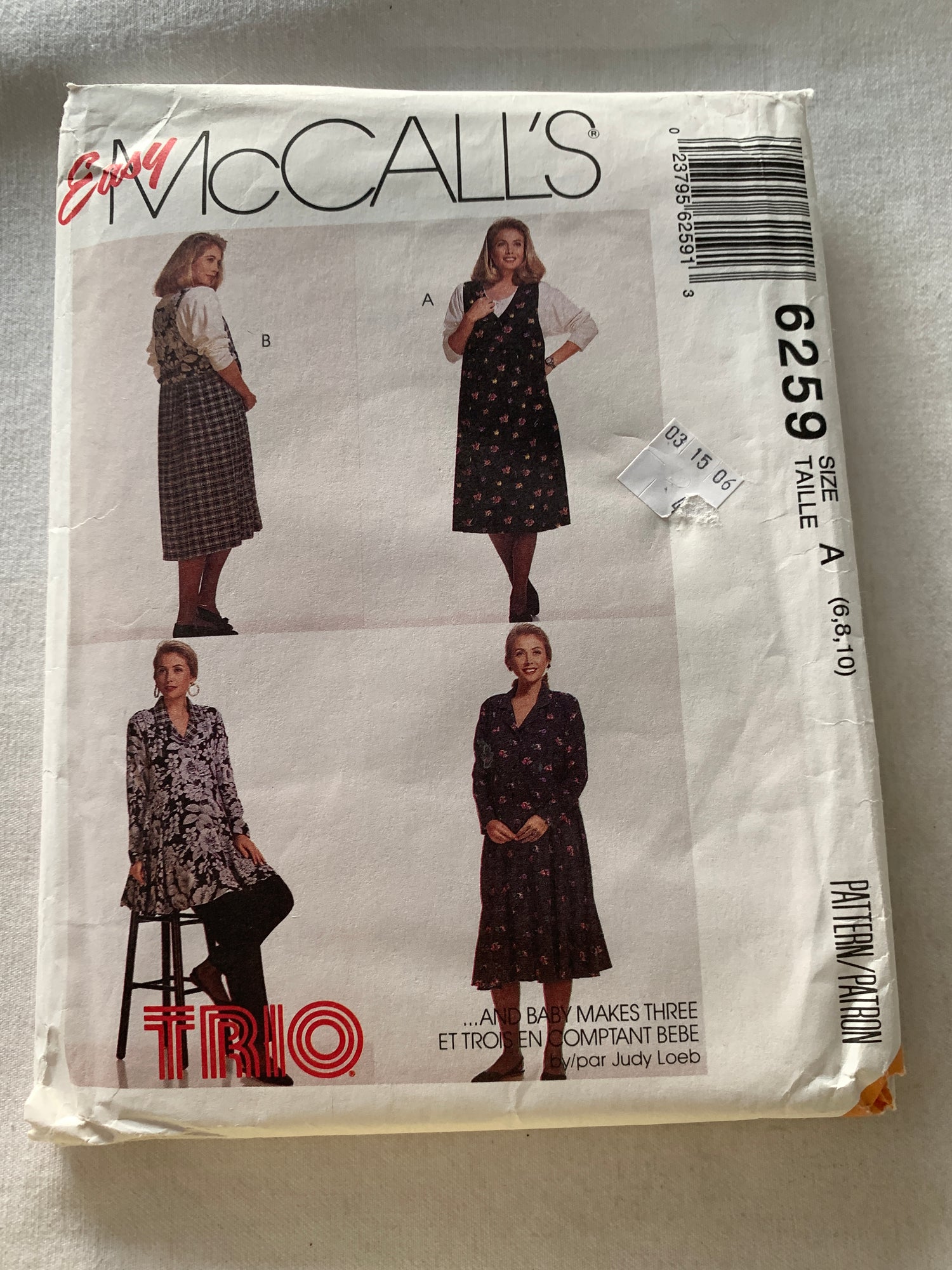 McCall's Sewing Pattern 6259 Misses' Maternity Dress, Tunic, Jumper, Pull-On Pants, Size 6-10, Uncut, Vintage 1992